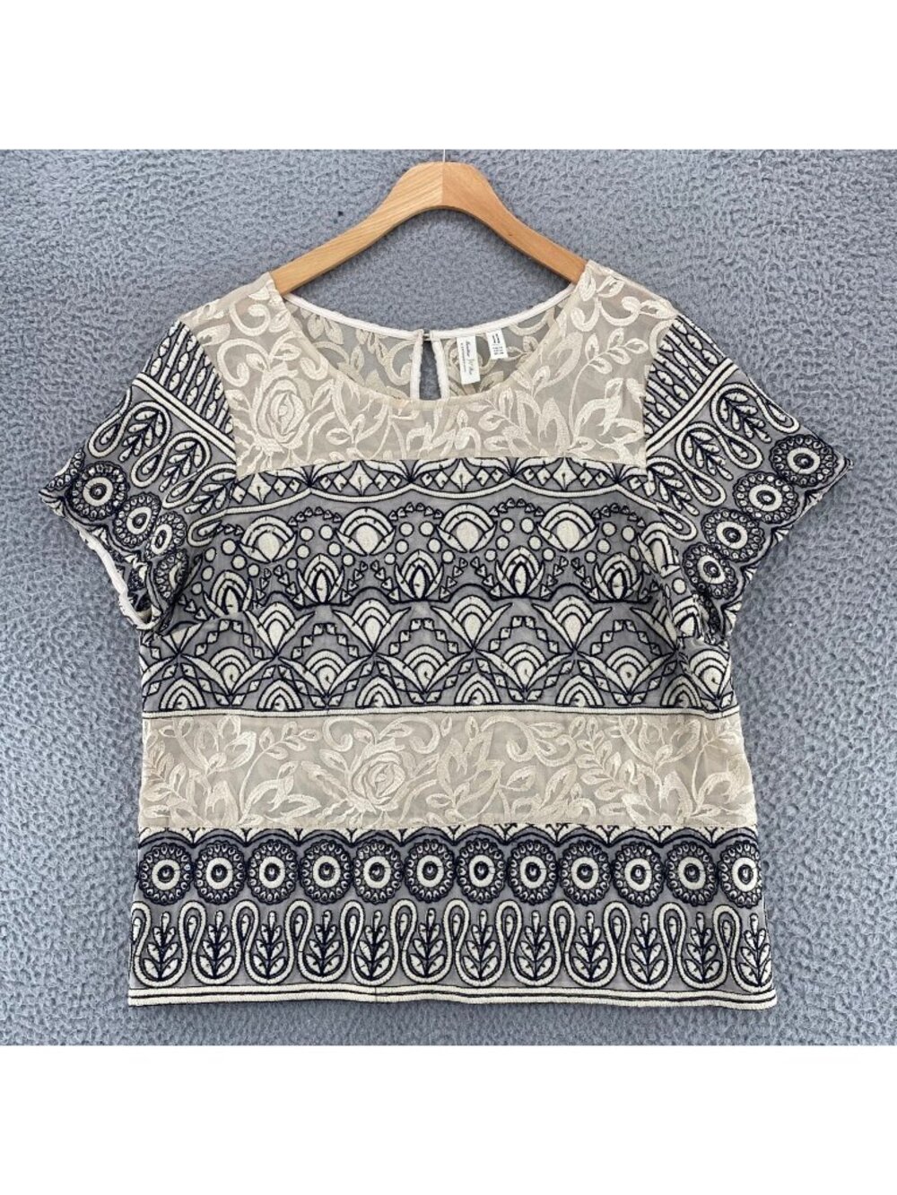 Meadow Rue Anthropologie Top Womens 14 Ivory Floral Medallion Embroidery Sequins